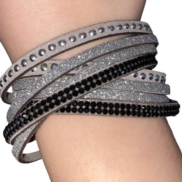 Victoria Emerson Leather Boho Wrap Bracelet Silver, Black & Bling NEW - Picture 1 of 6